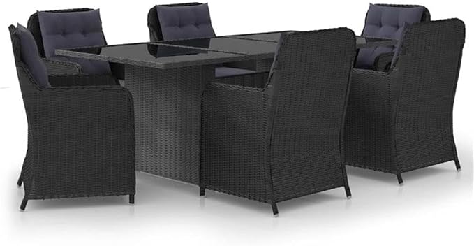 Afuera Living 7-Piece Outdoor Patio Dining Set, Black Weatherproof PE Rattan, Powder-Coated Steel Frame, Removable Washable Cushion Covers, Rectangular Table and 6 Chairs, Garden, Balcony, or