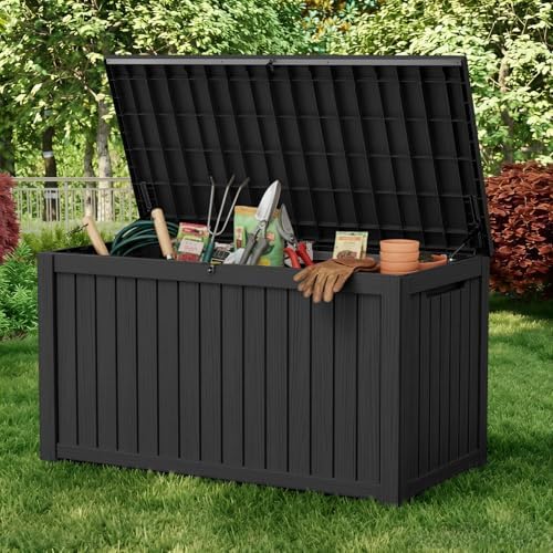 180 Gallon Deck Box, Waterproof Resin Rattan Outdoor Storage Box with Lockable Lid, Fade Resistant Patio Storage Box for Garden Tools, Pool Accessories, Outdoor Cushions, Black