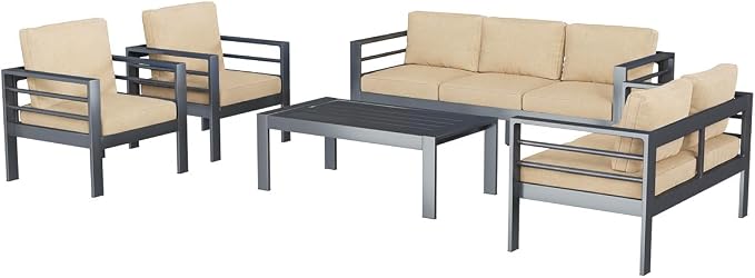 AECOJOY Aluminum Patio Furniture Set, 7 Seats Modern Outdoor Furniture with Coffee Table, 5 Pieces Metal Conversation Sectional Sofa, Beige