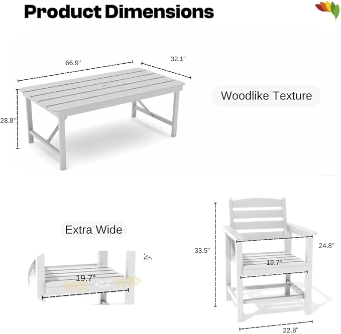 Outdoor HDPE Dining Set 7 Pieces, Patio Table with Umbrella Hole and 6 Chairs, All Weather Patio Furniture for Lawn, Garden, Backyard, Deck, Poolside, Heavy Duty Outdoor Dining Table and Chairs, White