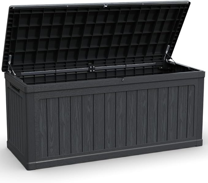 Large Outdoor Storage Deck Box for Patio Furniture, Cushions, Garden Tools and Sports Equipment – Weather-Resistant Resin with Secure Lid (Black + Plastic-1)