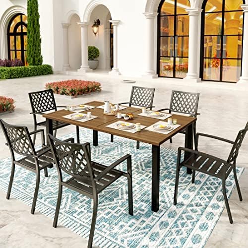SUNSHINE VALLEY Patio Dining Set,Wood-Like Metal Table w/Umbrella Hole | 60x36 Metal Table&6 Pcs Rust-Proof Stackable Chairs, Outdoor Table and Chairs Set for Backyard Garden Deck