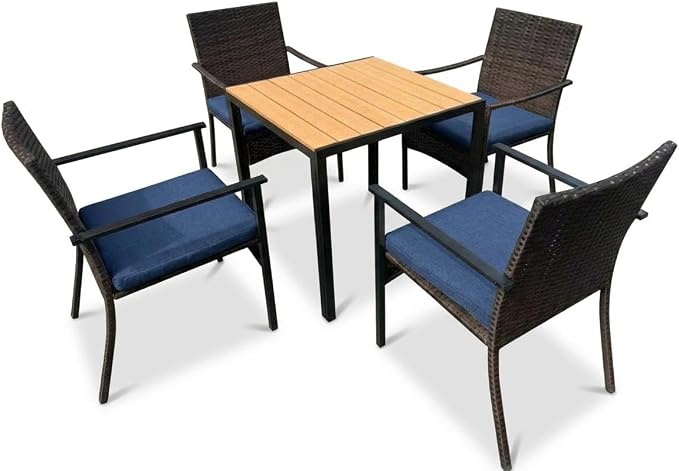 5 Piece Patio Dining Set, Wicker Outdoor Table and Chairs with Umbrella Hole & Soft Cushion, Patio Furniture Set for Backyard, Garden, Poolside, Deck - Black&Blue