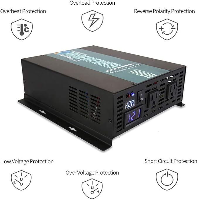 WZRELB Full Power 1000W Rated Power 2KW Surge Power 12V to 120V DC to AC Pure Sine Wave Inverter for Solar System and Off Grid Application Power Converter, (RBP100012B1)