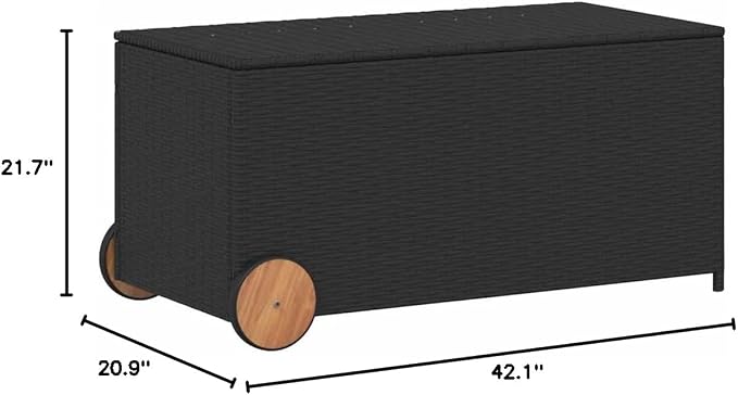 42x22x21 inch Garden Storage Box Black PE Rattan Outdoor Deck Box with Wheels for Patio, Balcony & Lawn Furniture, 50 gal Storage Chest for Cushions, Tools, Toys