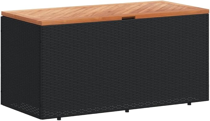 Gecheer Patio Rattan Deck Box Patio Storage Box Black 43.3"x19.7"x21.3" Poly Rattan Acacia Wood