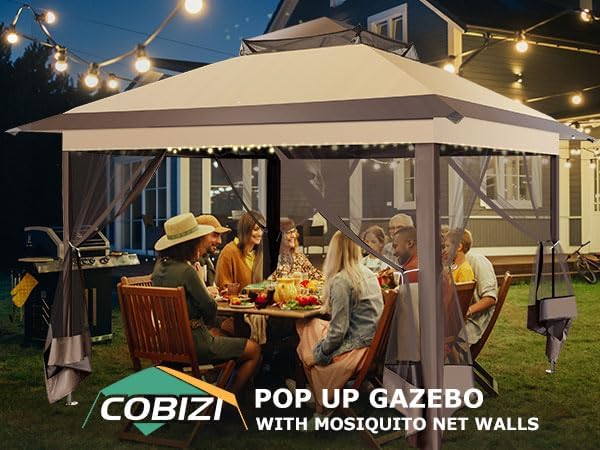 COBIZI Pop Up Gazebo 11x11 One-Push Canopy Tent, Carpas para Patio, Outdoor Canopy Shelter with Double Roof Ventiation 121 Square Feet of Shade for Lawn, Garden, Backyard and Deck,Brown(Upgraded 2.0)
