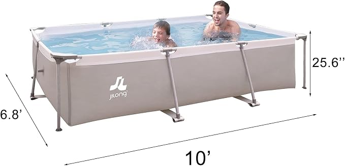 Above Ground Swimming Pool with Filter Pump, Outdoor Rectangle Steel Frame Pool for Backyard, Gray 10ft x 6.8ft x 25.6in