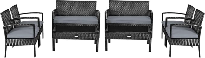 Outdoor Conversation Set 8 Pieces Patio Furniture, Wicker Patio Chair Sofa Set with Water-Resistant Gray Cushion & Tempered Glass Table for Backyard, Balcony, Porch(Black)