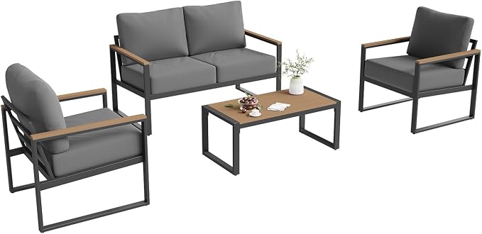 Aoxun Patio Furniture Set, 4 Piece Outdoor Patio Furniture with Thick Cushions, Modern Metal Outdoor Conversation Sets with Coffee Table for Porch, Balcony, Deck Dark Grey