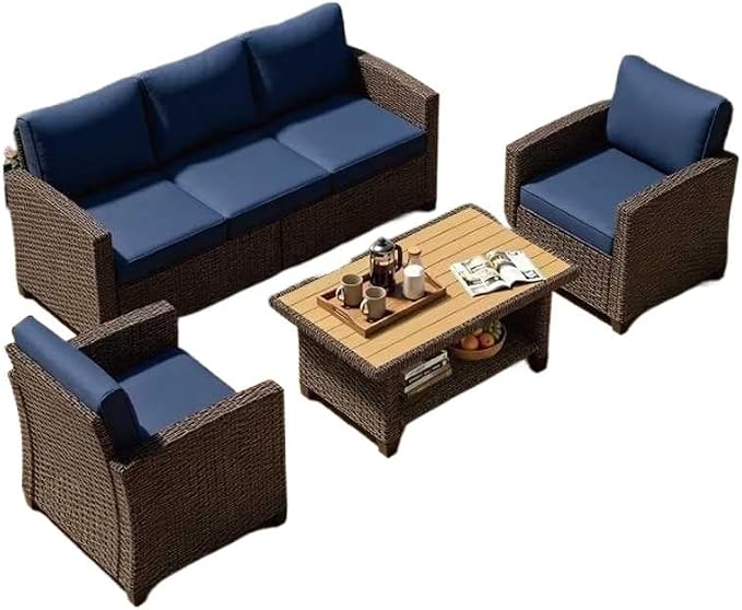 4 Piece Outdoor Patio Furniture Set Brown Rattan Sofa Seating All-Weather PE Wicker Conversation Set with Cushions and Coffee Table for Garden