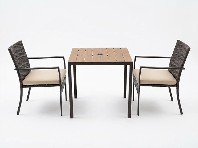 3 Piece Patio Dining Set, Wicker Outdoor Table and Chairs with Umbrella Hole & Soft Cushion, Patio Furniture Set for Backyard, Garden, Poolside, Deck - Black&White