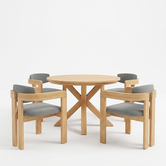 Outdoor Patio Furniture Set of 5, Acacia Wood Round Dining Set with 4 Barrel Chairs & Non-Removable Cushion, 5-Piece Patio Furniture for Backyard Deck Poolside, Acacia Wood + Gray