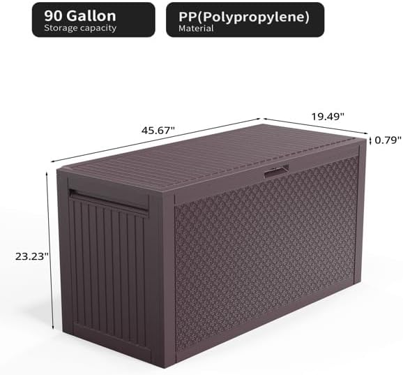 90gal Outdoor Garden Plastic Storage Deck Box Tools Lockable Seat (Brown)