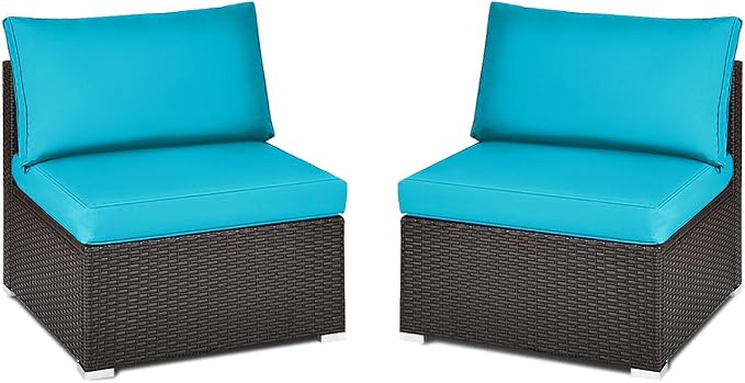 Tangkula 2 PCS Outdoor Wicker Armless Sofa, Patio Rattan Sectional Sofa Set w/2 Thick Seat Cushions and 2 Back Cushions, Additional Seats for Balcony Garden Patio Poolside (Turquoise)