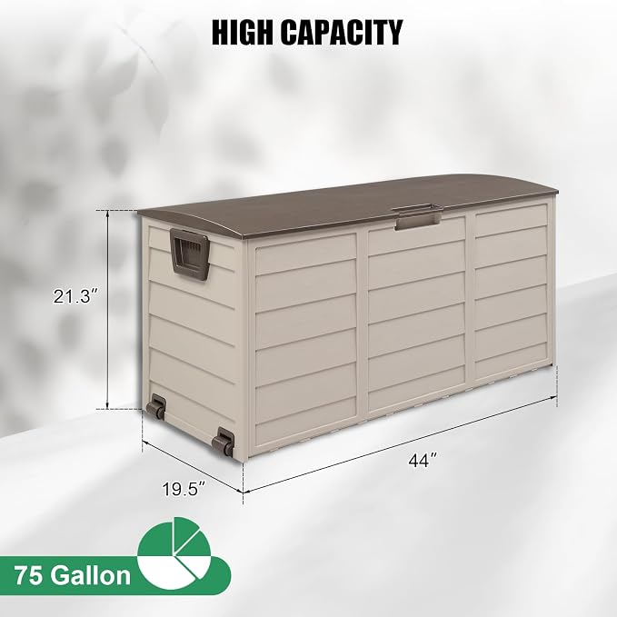 VINGLI 75 Gallon Outdoor Storage Box, Patio Deck Box Furniture with Rolling Wheels, Plastic Storage Containers with Lockable Design, For Garden, Yard, Balcony (Brown)