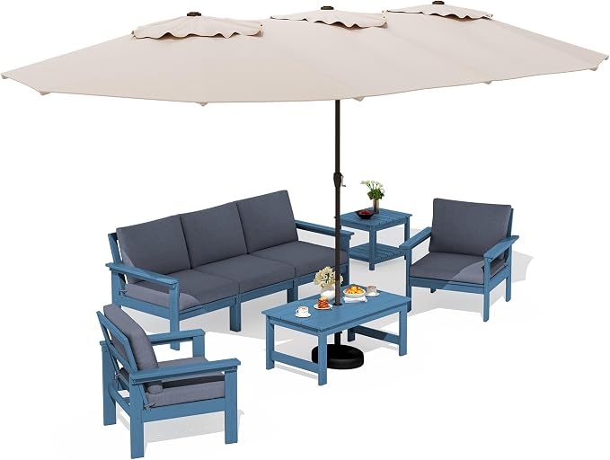 SERWALL HDPE Outdoor Couch with Coffee Table & Side Table & 15FT Umbrella