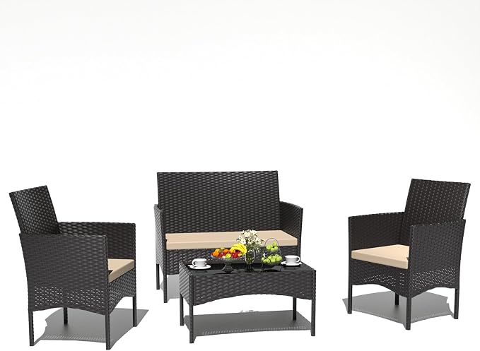 4 Piece Patio Rattan Conversation Set, Outdoor Rattan Chair Wicker Furniture Set, Couple Seats and Tempered Glass Table,Comfort Seat for Patio, Pool or Backyard