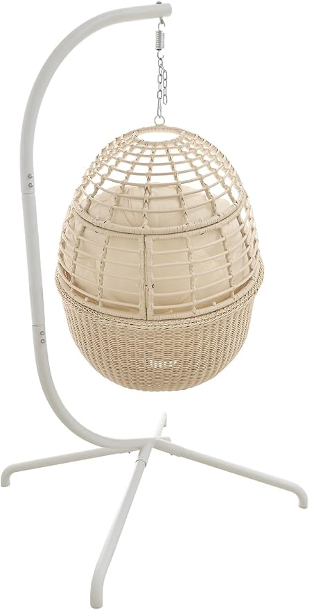 Eremi Hanging Egg Chair with Stand, Indoor Outdoor Wicker Rattan Swing Hammock Chair for Patio Porch Bedroom, Beige Cushioned Lounge Chair, 400 LBS Capacity