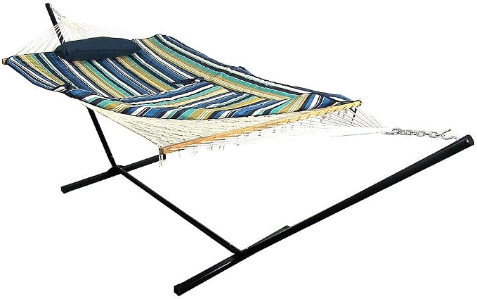 Sunnydaze Rope Double Hammock with Stand for Outside - Heavy Duty Freestanding Portable Outdoor Hammock Set with Quilted Pad, Pillow, and 12-Foot Steel Frame - 450 lb Capacity - Lakeview
