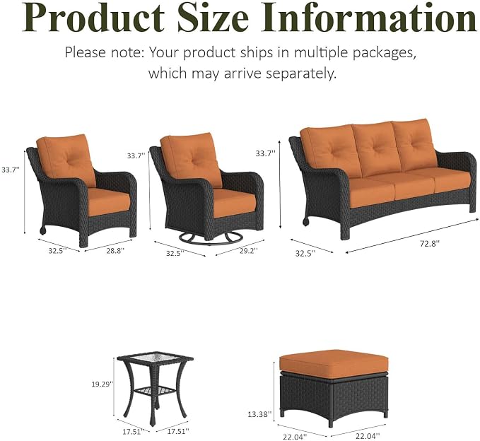LayinSun 7 Piece Wicker Outdoor Furniture Set with 6-inch Comfy Cushions, High Back Patio Furniture Set with Rattan Armchairs and Fire Pit Table