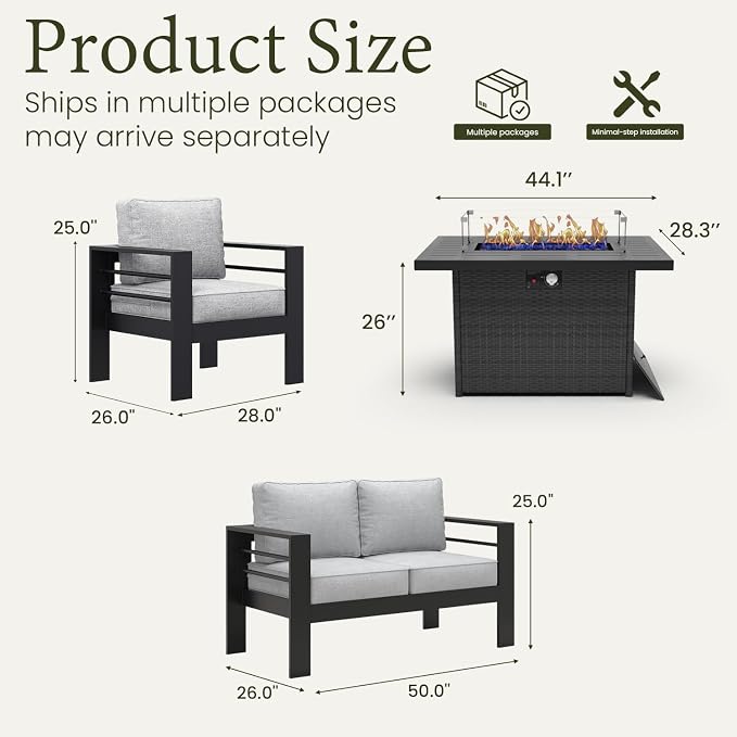 LayinSun Aluminum Furniture Set with Fire Pit Table, 4 Pieces Patio Sectional Conversation Chat Sofa Modern Seating Set