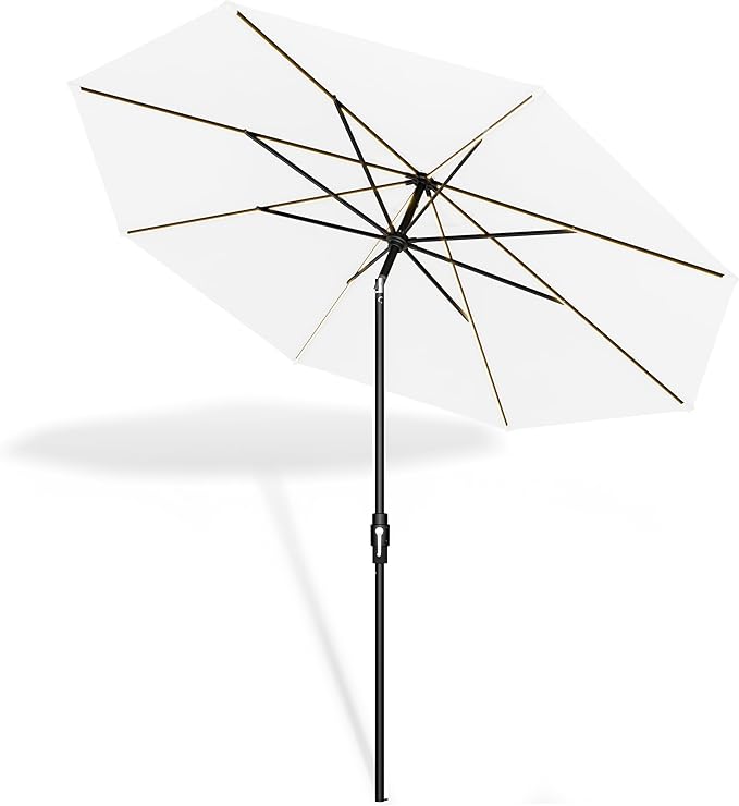 Midtown Umbrellas The LED Swilt 9 Feet Patio Umbrella With Terylast Ivory (White) Polyester Fabric - Auto-Tilt Aluminum Frame With LED Lights For Backyard, Deck, Garden, Pool - Black Pole