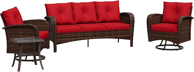 4 Pieces Patio Set, 73" Rattan Loveseat Sofa, Coffee Table, Wicker Swivel Glider Chairs, Cushion with Water Resistant Cover, Outdoor Conversation Furniture, Couch for Sunroom (Navy Blue)