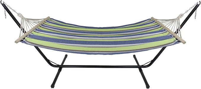 Northlight 32816522 Lime Green and Royal Blue 55" x 78" Stripe Poly Cotton Hammock with Wooden Bars and Tassels