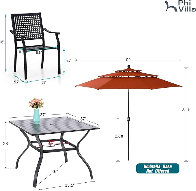 PHI VILLA Outdoor Table Chairs Set w/Umbrella, 5pc Patio Metal Furniture | 37" wrought iron square table & stackable chairs for 4. 10ft red umbrella. Dining set for deck, porch, backyard.