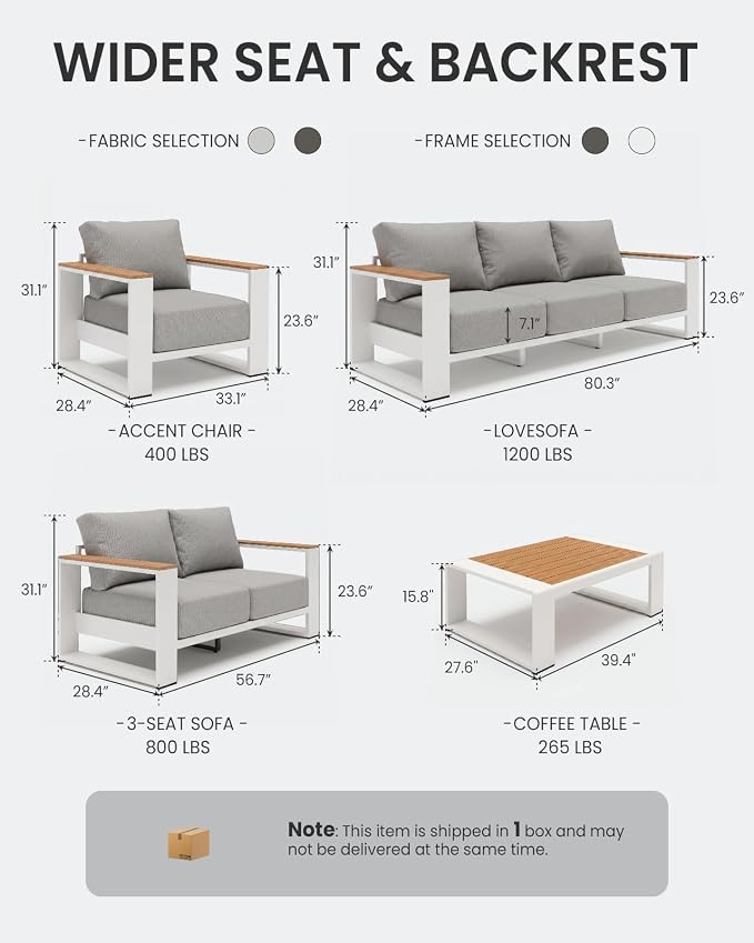 Oversized Aluminum Patio Furniture, 1 Piece Luxury Outdoor Furniture with 7.1" Extra Thick Cushion, Modern Outdoor Sectional 3-Seat Sofa for Porch, Garden and Deck, Gray