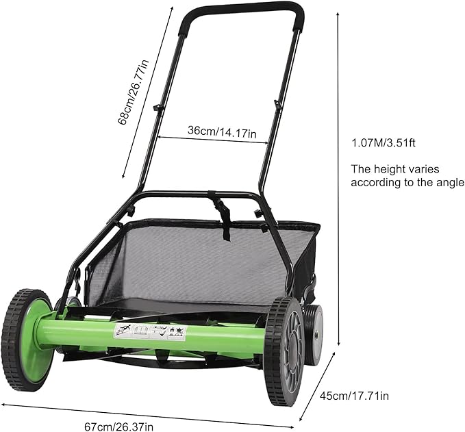 Reel Mower Outdoor Manual Tools, Cylinder Lawnmower with Self-propelled Source, Push Reel Lawn Mower with Grass Catcher, 65Manganese Steel Manual Lawn Mower with 5 Blades Green, Black