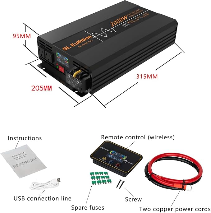 2000W Pure Sine Wave Power Inverter 12V DC to 120V AC 60HZ with LCD Display, USB Port, Wireless Remote Control(10M), Solar, Outdoor
