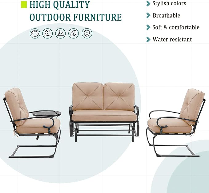 4 Pcs Outdoor Wrought Iron Furniture Patio Conversation Set with Glider Loveseat, 2 Spring Chairs, and Coffee Table (Brown)