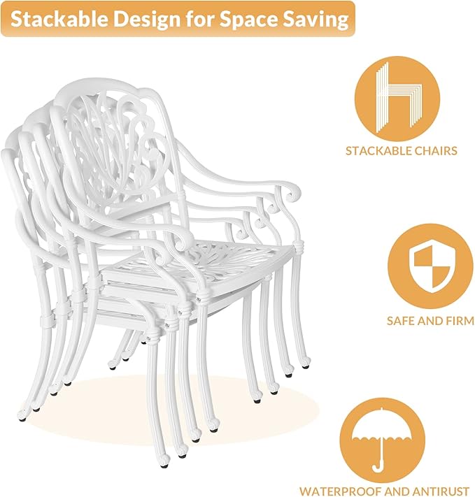 5-Piece Outdoor Patio Dining Set, All-Weather Cast Aluminum Patio Furniture Set for Backyard Garden Deck with 4 Chairs, 4 Cushions and 35.4” Round Table, 2.2" Umbrella Hole, White