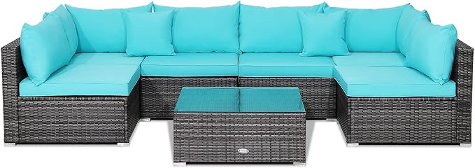 DORTALA 7 Pieces PE Rattan Patio Furniture Set, All-Weather Wicker Conversation Set W/Soft Cushions & Pillows, Coffee Table, Outdoor Sectional Sofa Set for Balcony, Poolside, Backyard, Turquoise