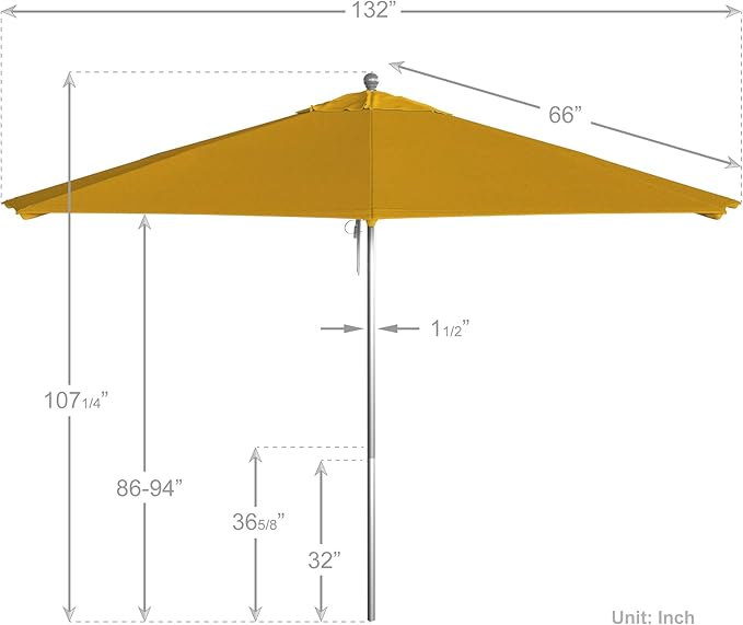 California Umbrella 11Ft Commercial Grade Sunbrella Fabric Market Umbrella, Pulley Lift, Aluminum/Fiberglass, 2mm pole wall, Silver Frame, Sunflower Yellow Fabric