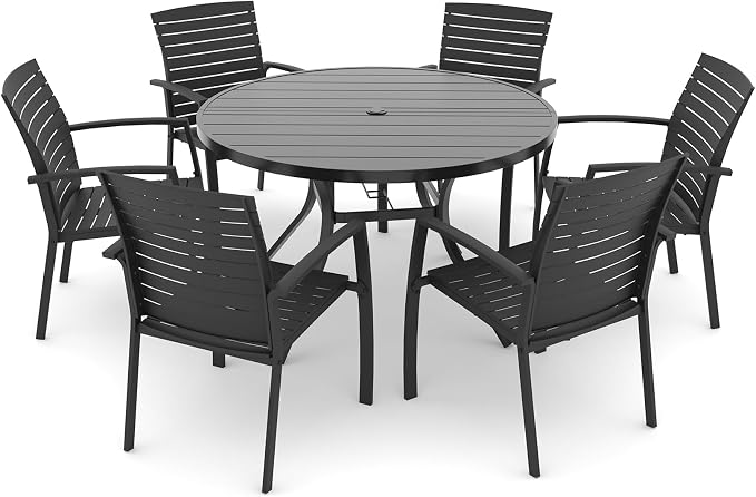 Anmutig Outdoor Dining Set for 6, 48" Round Table & 6 Aluminum Frame Chairs | Stackable Chairs, Resin Slat Seating, Powder-Coated Steel Table, Umbrella Hole, Easy Assembly, Patio, Garden, Backyard