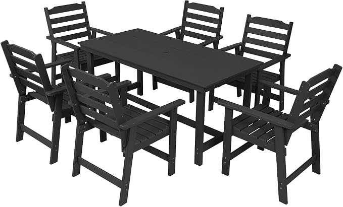 FUNBERRY Outdoor Dining Set, HDPE 7 Piece Dining Table Set with Chairs | 2" Umbrella Hole Table, Wood-Grain, HDPE All Weather, No Rot or Rust or Crack, UV Fade Shield, Easy-Clean for Outside
