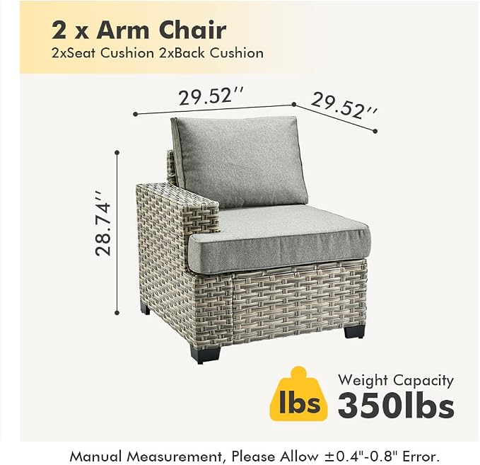 HOOOWOOO Outdoor Sectional Patio Furniture Set,2 Pieces Single Arm Wicker Chairs,Extra Deep Out Door Sofa Outside Furniture,Charcoal Gray