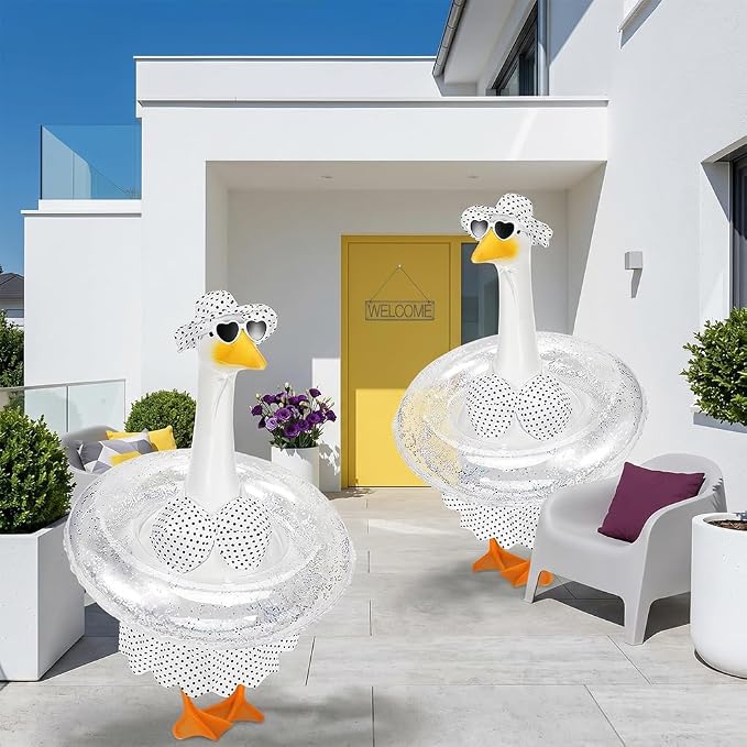STONESTAR Hawaiian Porch Goose Outfits with Hat Sunglasses & Swim Ring, Summer Bikini Goose Outfit Clothes Costume Fits 23" Cement Geese Statue, Summer Garden Lawn Patio Yard Outdoor Decor