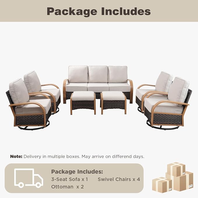 Belord 7 Piece Patio Furniture Set, All Weather Conversation Set with 6-Inch Thick Cushions,4 Wicker Swivel Rocker Chairs and 3 Seater Wicker Sofa for Deck Proch Pool Garden Backyard, Wood & Beige