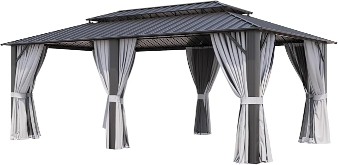 Aoxun 12’x20’ Hardtop Gazebo, Permanent Metal Pavilion with Galvanized Steel Double Roof, Outdoor Pergola with Nettings and Curtains for Lawn, Garden, Patio (Gray)