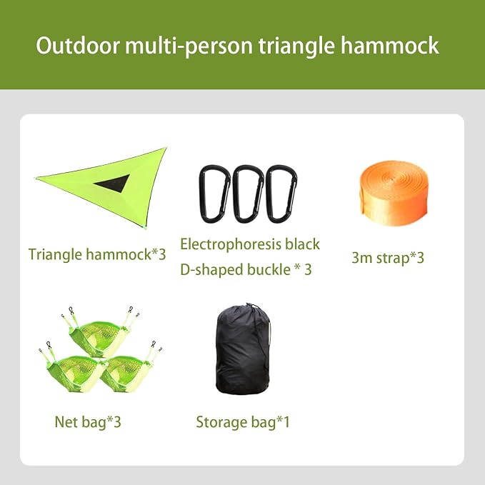 Multi-person triangular hammock, aerial camping hammock, suspended type, suitable for outdoor adventures, hiking, backyards, and gardens, includes straps, buckles, and storage bag (Black, 157in*157in)
