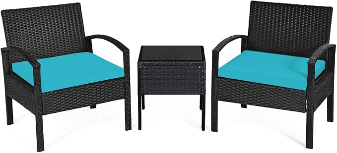Tangkula 3 Piece Patio Conversation Set, Outdoor Rattan Sofa Set with Seat Cushions & Coffee Table, Patio Wicker Furniture Set for Garden Balcony Backyard Poolside (Turquoise)
