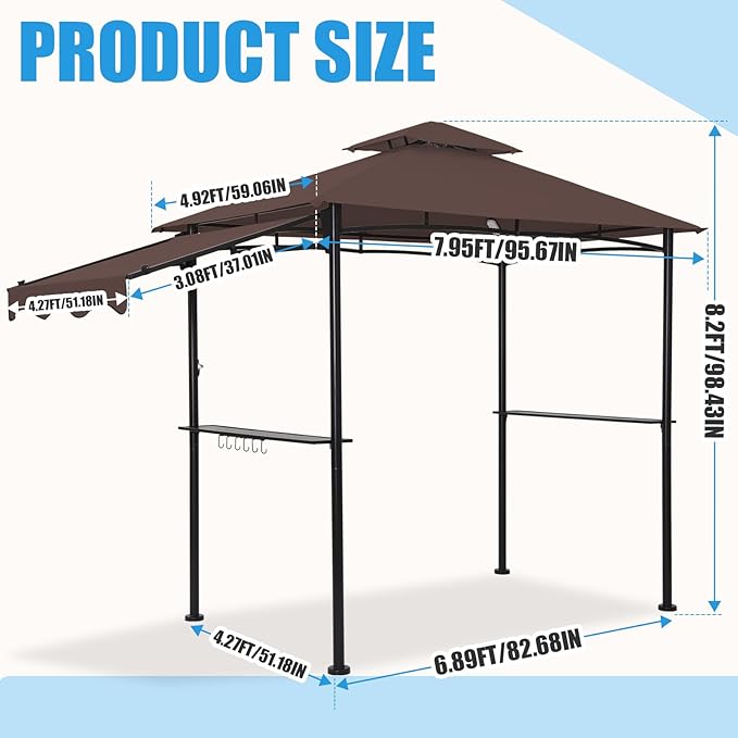 FAB BASED 5x8 Grill Gazebo with Extra Awning, All-Weather Steel Construction, Double Tiered & Resistant Canopy Roof, Metal Serving Shelves, 2 LED, Bottle Opener for Patio, Backyard, BBQ (Brown)