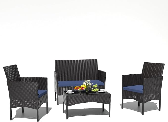 4 Piece Patio Rattan Conversation Set, Outdoor Rattan Chair Wicker Furniture Set, Couple Seats and Tempered Glass Table,Comfort Seat for Patio, Pool or Backyard