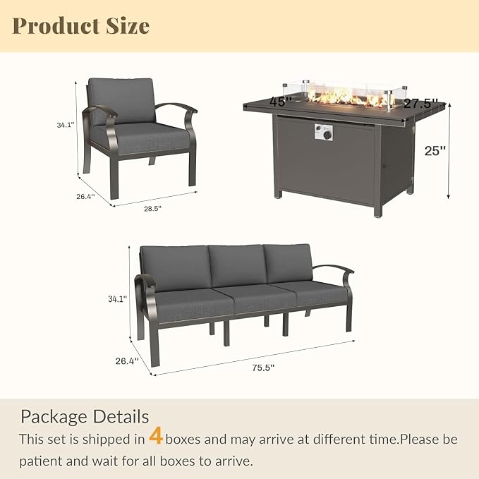 Aluminum Patio Furniture Set with 55,000 BTU Propane Fire Pit Table,5 Seats Metal Modern Outdoor Furniture w/5.1" Cushions,Patio Sectional for Backyard,Patio,Grey