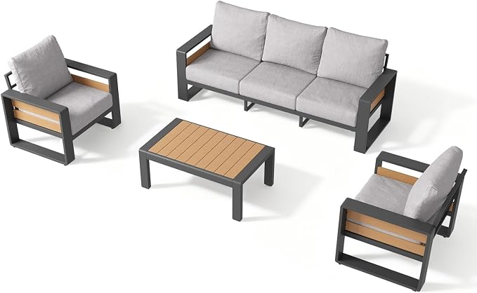 Aoxun Aluminum Patio Furniture Set, 5 Seats Luxury Outdoor Sectional with 6" Olefin Fabric Cushions, Patio Conversation Sets with Coffee Table for Backyard, Porch Light Grey