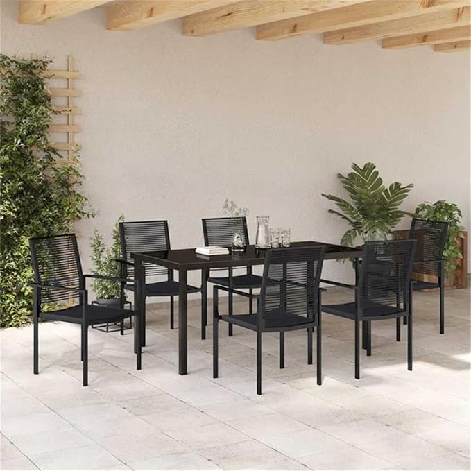 Afuera Living 7-Piece Patio Dining Set, Powder-Coated Steel Frame, Black Finish, UV-Resistant Materials, Includes Rectangular Table and Armrest Chairs, Outdoor Garden or Patio Furniture for 6-Person